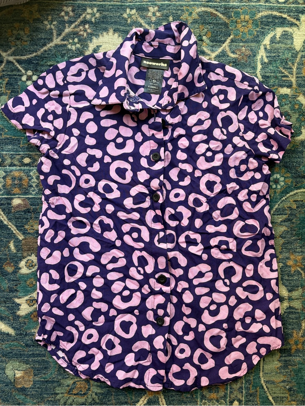 Nooworks Purple Button-Down with Pink Leopard Print